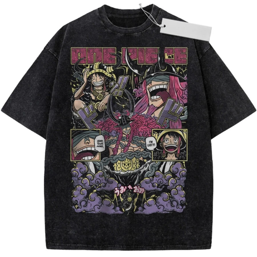 Unisex Washed Black Vintage T-shirt One Piece Rocks Pirates High-quality Fabric for Home Leisure Travel Shopping
