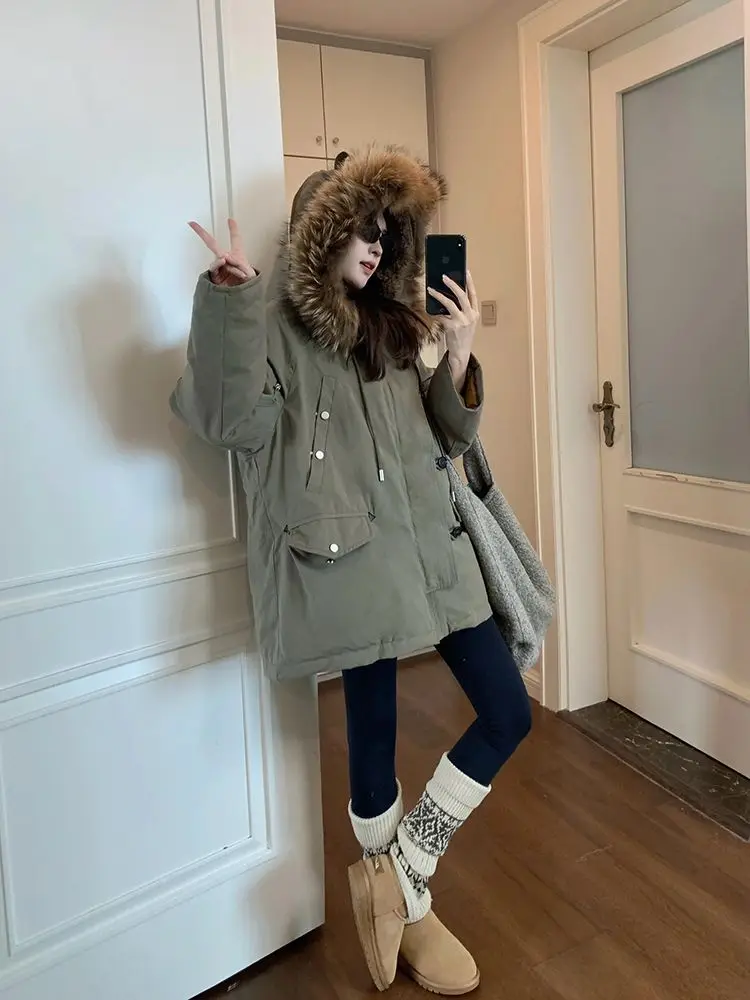 

Big Fur Collar Hooded Workwear Cotton Coat Women's 2025 New Winter Loose Cotton Coat Jacket