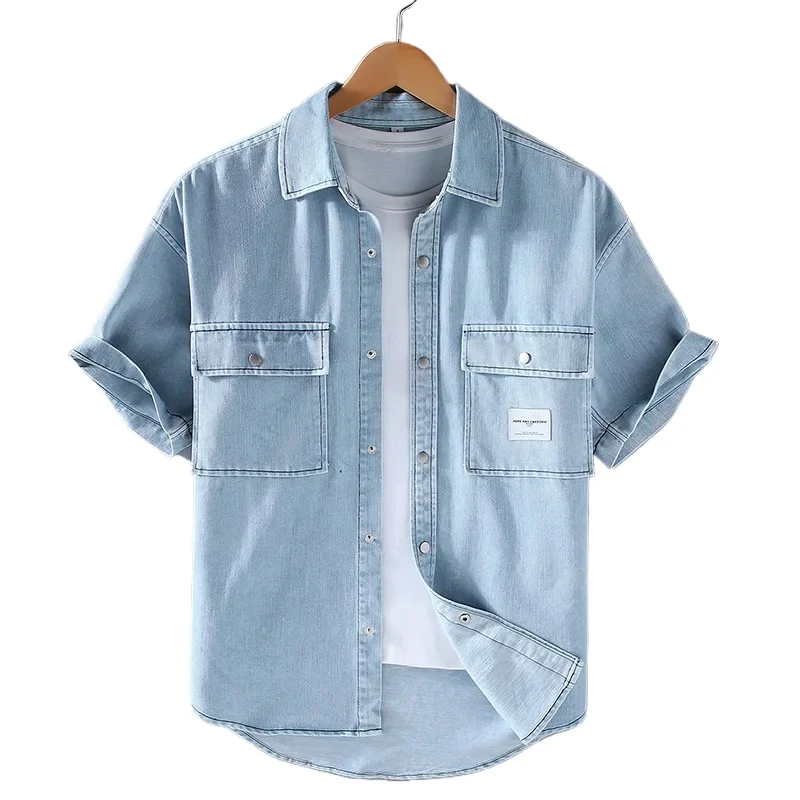 

Korean Style Mens Short Sleeve Denim Shirt Summer Daily Casual Light Blue Jean Shirts Male Double Pocket Youth Loose Cowboy Tops