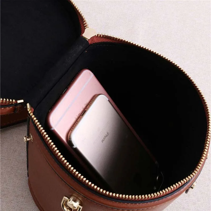 Vintage PU Leather Bucket Box Bags for Women Cylinder Zipper Handbags with Top Handle Ladies Totes Bags Shoulder Messenger Bags