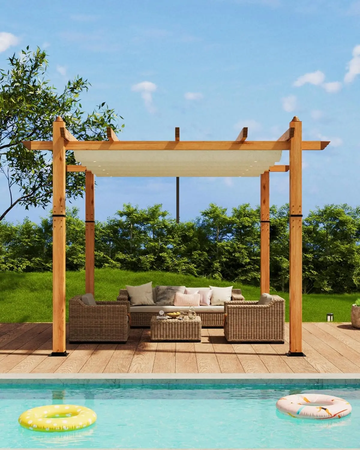 

10' X 10' Outdoor Wood Grain Aluminum Heavy Duty Pergola with Sun Shade Canopy Applicable to Garden Porch Beach Pavilion Grill G
