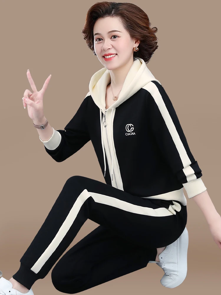 

Stylish Sportswear Set for Mom Spring Fashion Large Size Outerwear Top And Bottoms Casual Loose Fit Long Pants Zipper Closure