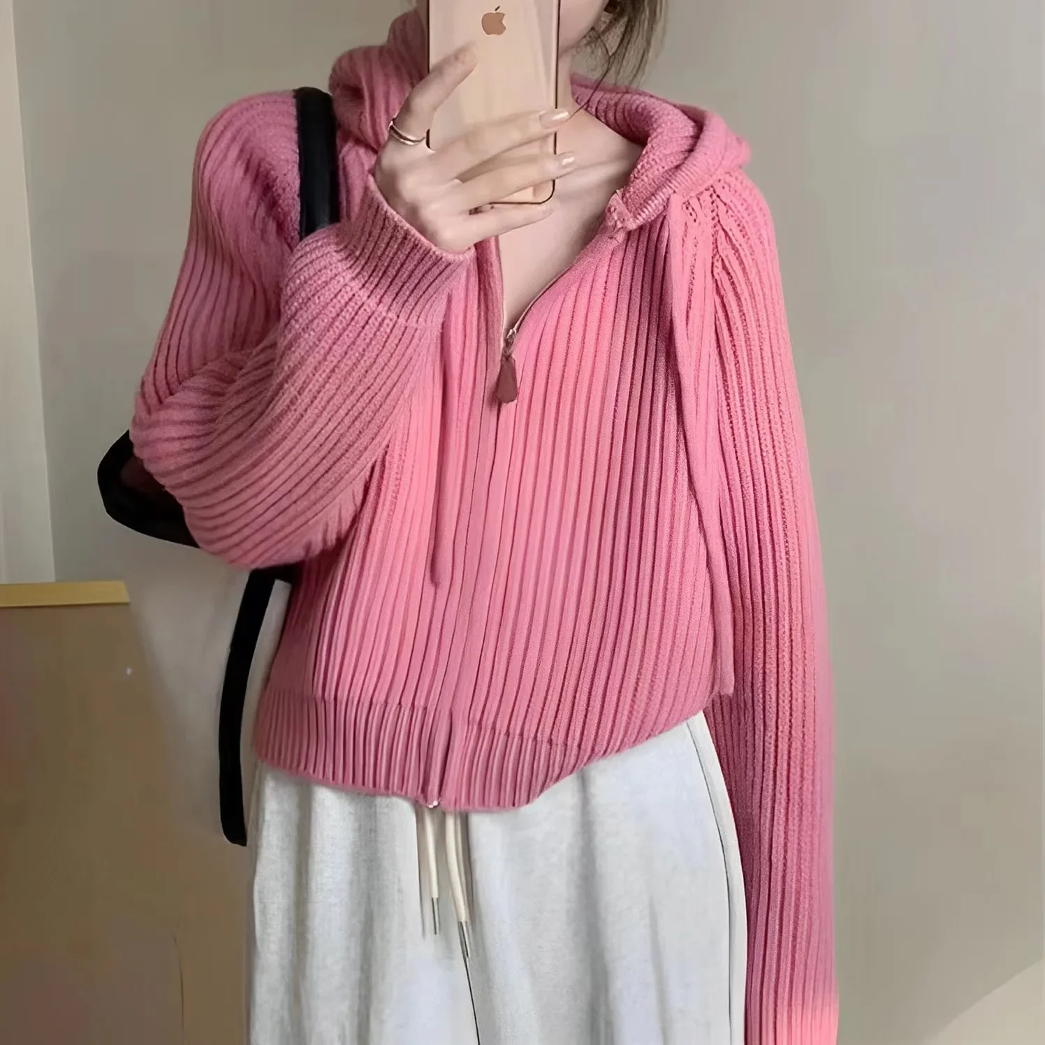 

Korean Style Gentle Hooded Knit Cardigan Female 2023 Early Autumn New Casual All-Match Soft Glutinous Cropped Sweater Coat