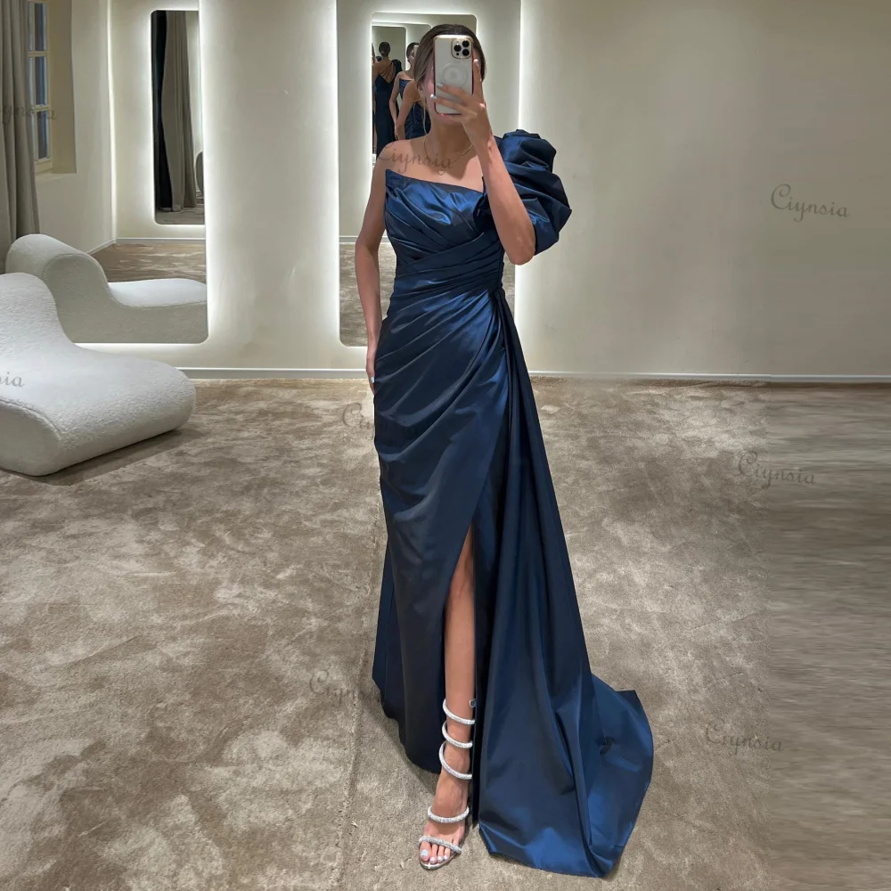 

Ciynsia Abendkleider Navy Blue Evening Dresses فساتين سهرة Pleated Satin Mermaid Formal Occasion Party Gowns Puff Short Sleeve