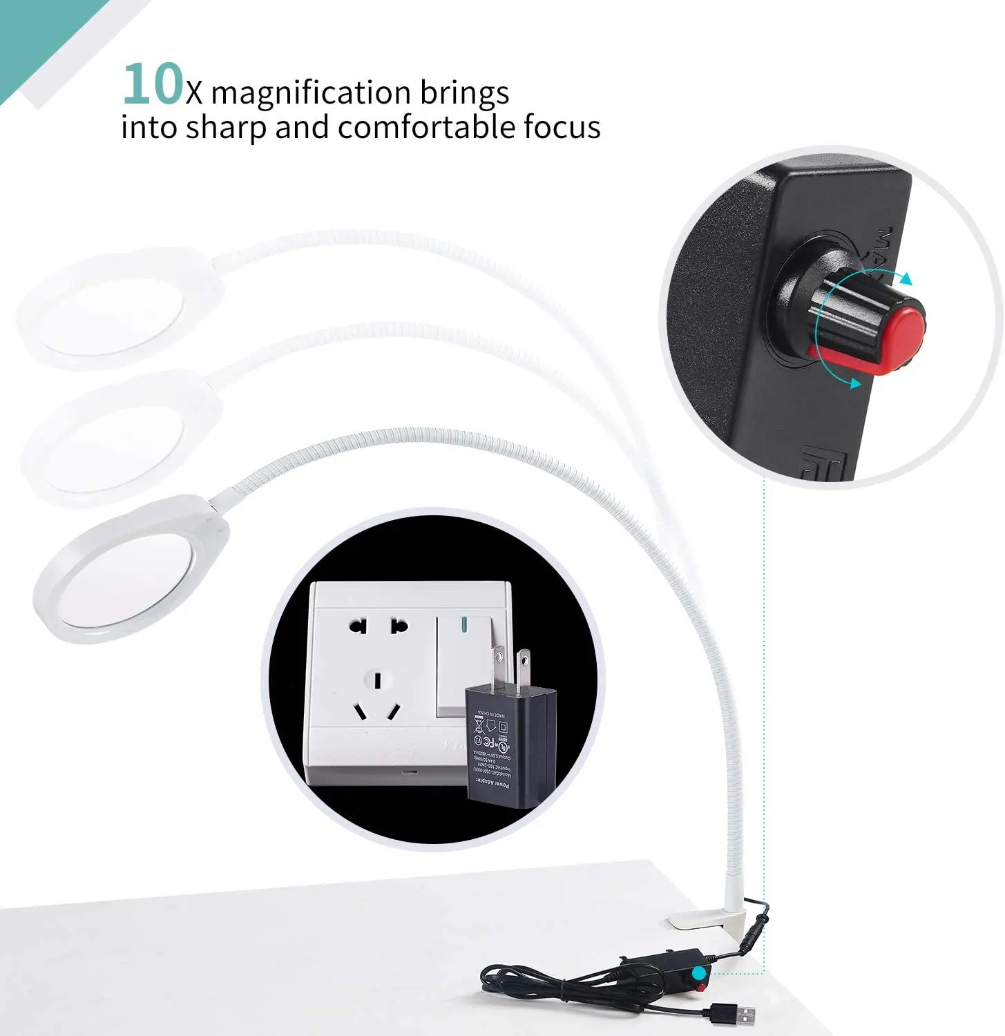 Lupa de brazo largo LED, lente óptica grande de 10x, brazo Flexible de aumento para inspección de PCB, belleza, Facial, lupa de 10x