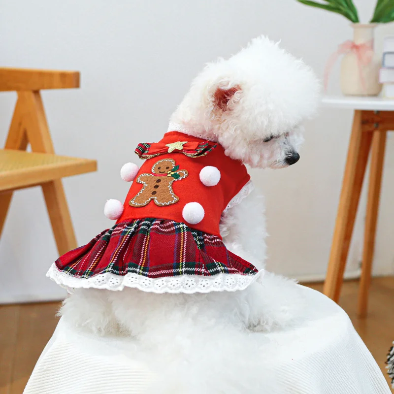 

Gingerbread Man Plaid Dog Cat Skirt, Christmas Holiday Pet Clothes Costume for Puppies Kittens, Cute Party Outfit