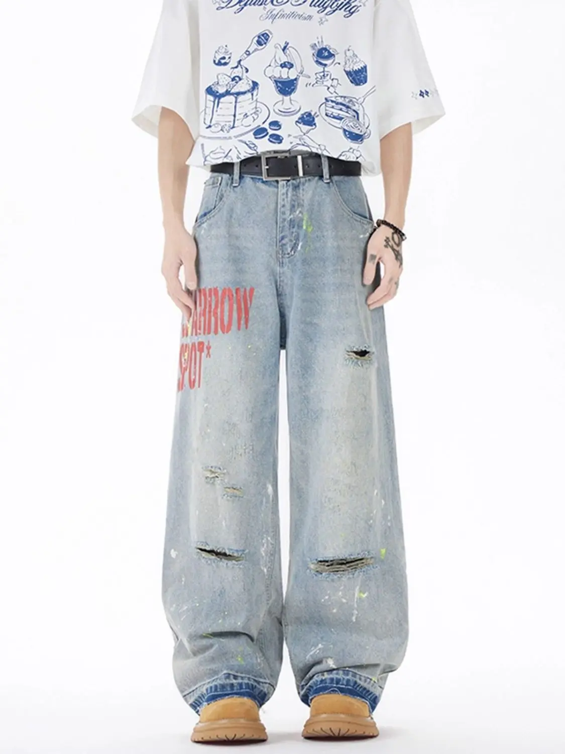 

Women's Letter Printing Hole Breaking Paint Vintage Jeans Wide Leg Girl Streetwear Autumn Trouser Female Distressed Denim Pants