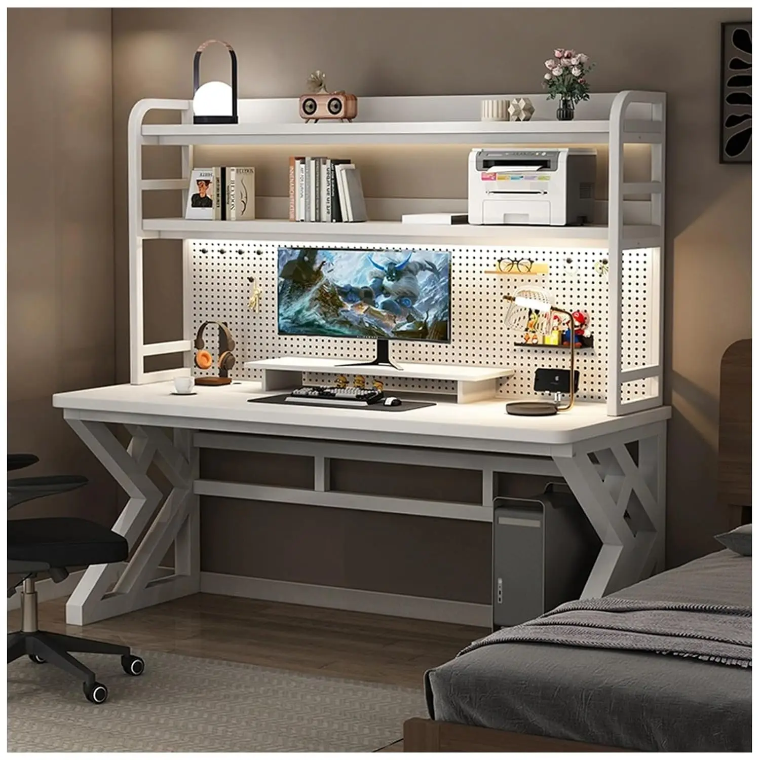 55.1in White Computer Desk with Pegboard Storage Shelves, Customized