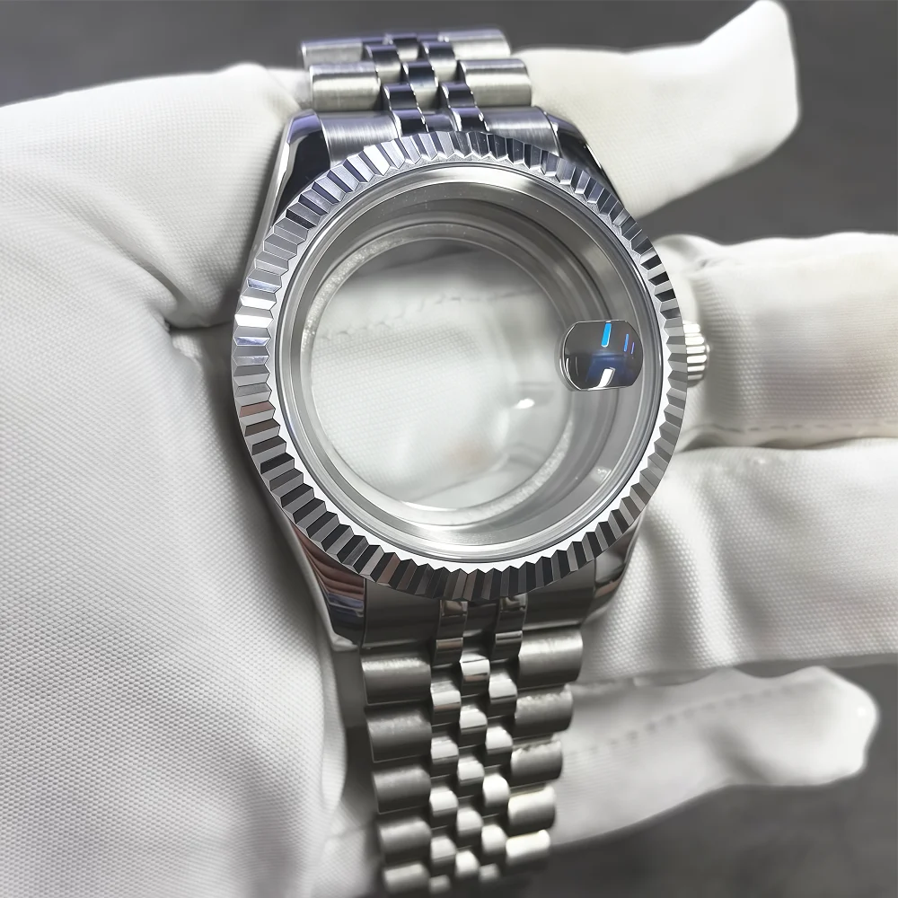 36 مللي متر/39 مللي متر حافظة ساعة من الفولاذ المقاوم للصدأ مع كريستال الياقوت يناسب NH35/NH36 حافة حلزونية 20 مللي متر حزام فولاذي عرض التاريخ المكبر