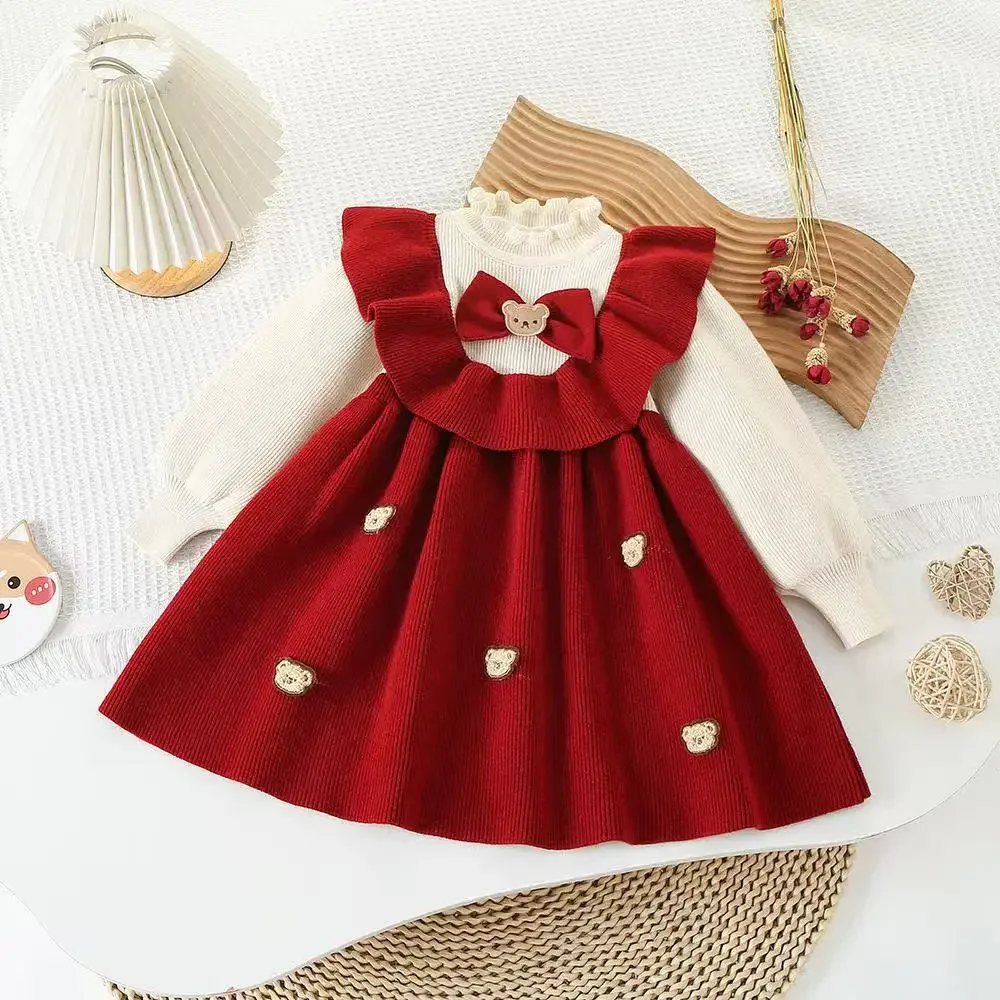 

Spliced Fleece Warm Infant Girl Dress Children's Spring and Autumn Cotton Bow Christmas Baby Girl Princess Dress