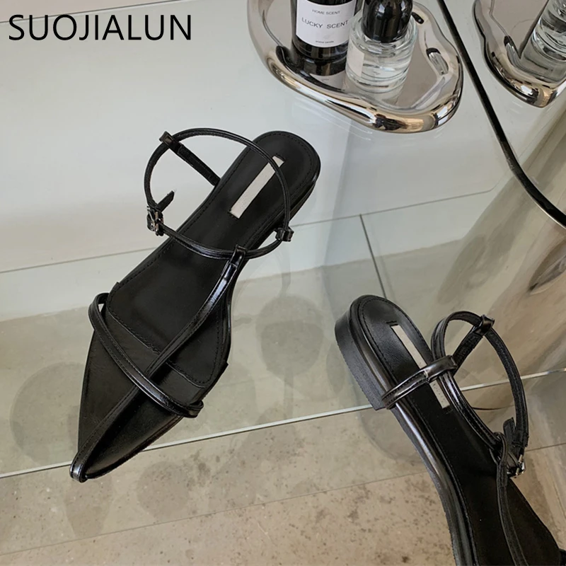 SUOJIALUN 2022 New Brand Women Sandal Fashion Narrow Band Flat Heel Ladies Gladiator Shoes Pointed Toe Ankle Buckle Zapatos Muje