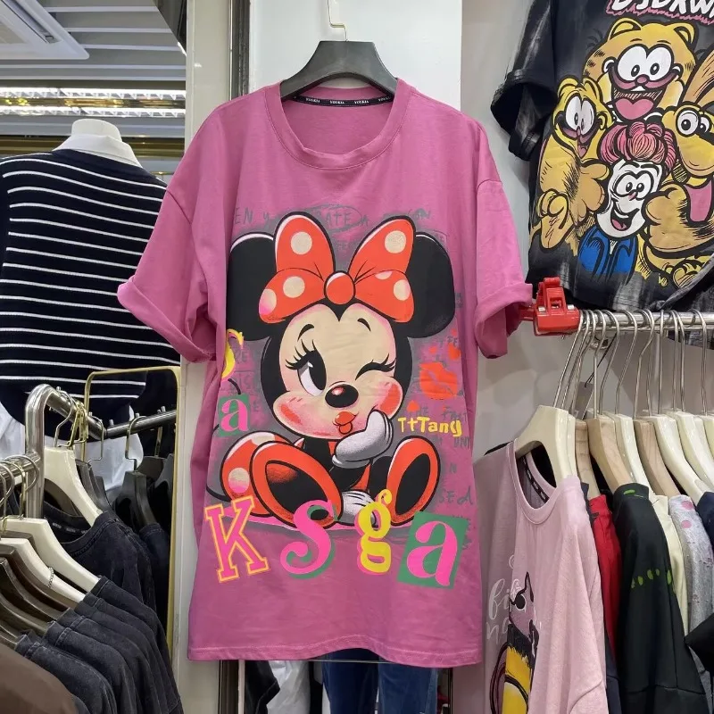 

High Quality Cotton Oversized T Shirt Summer Heavy Craft Washed Black Bow Minnie Sequin Print Loose Short Sleeved Vintage Tops