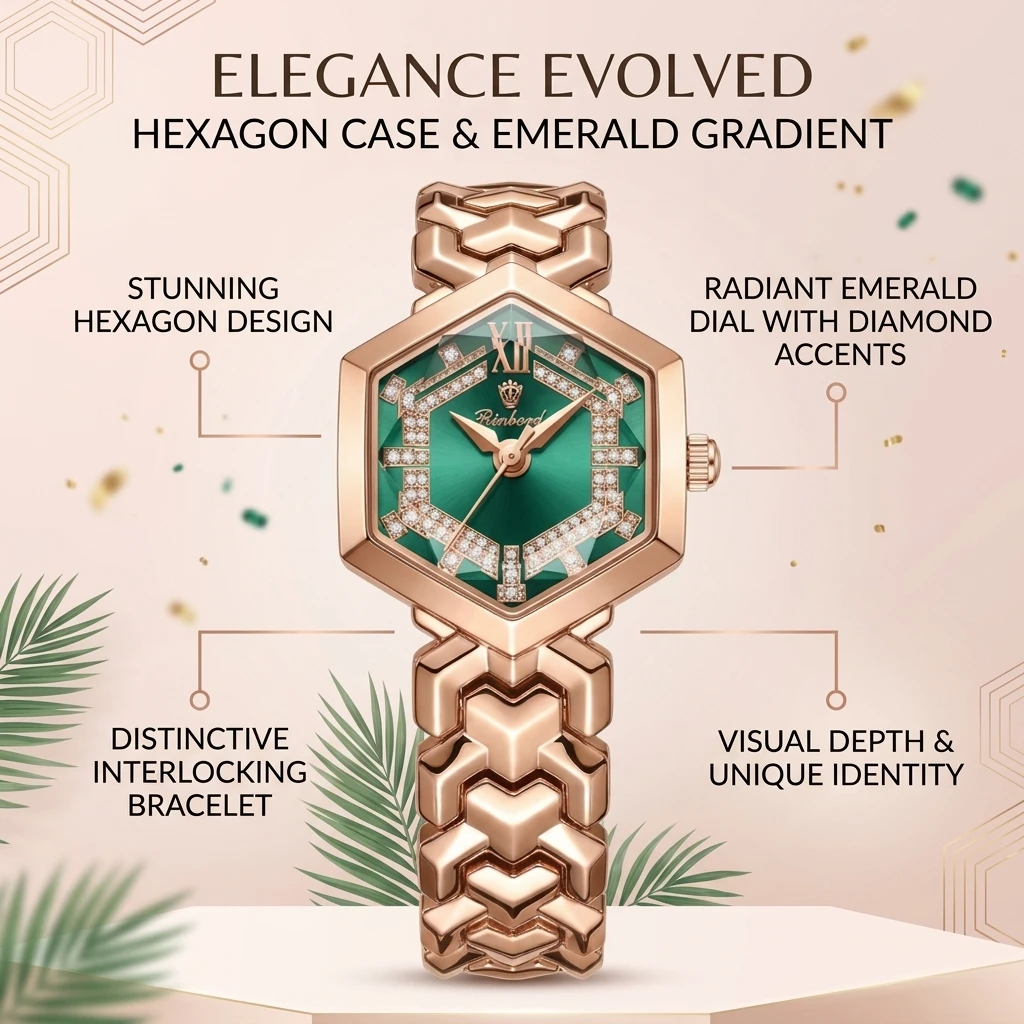 1 piece rose-tone exquisite chain watch with hexagonal case, green dial, sparkling accents, Roman numeral markers