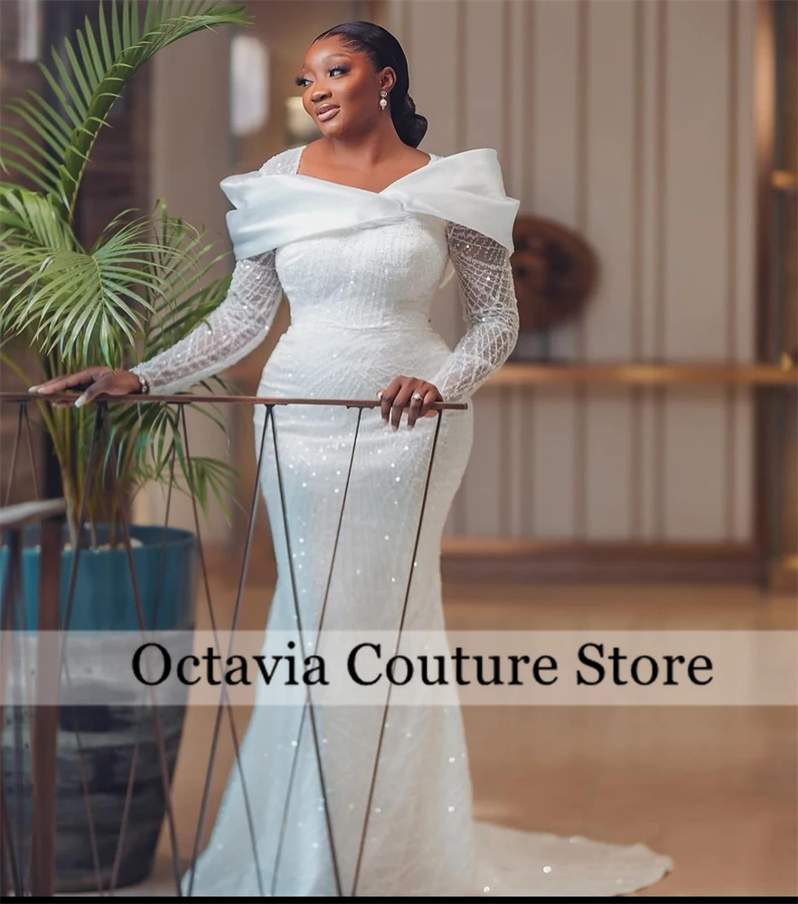 Elegant White Bead Wedding Dresses Lace Appliques Formal Dress Full Sleeve Mermaid Bride Gown Robe De Bal Customized
