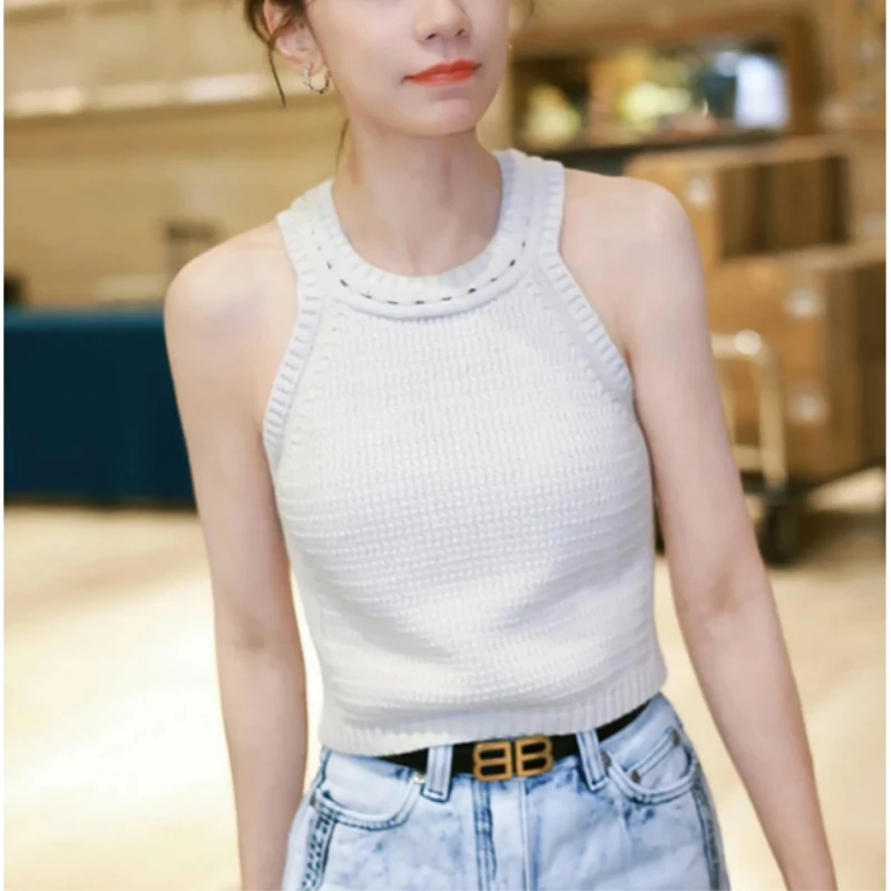 

Женский вязаный топ-жилет на бретельках, летняя новинка, свободный крой, повседневная вязаная одежда с круглым вырезом
