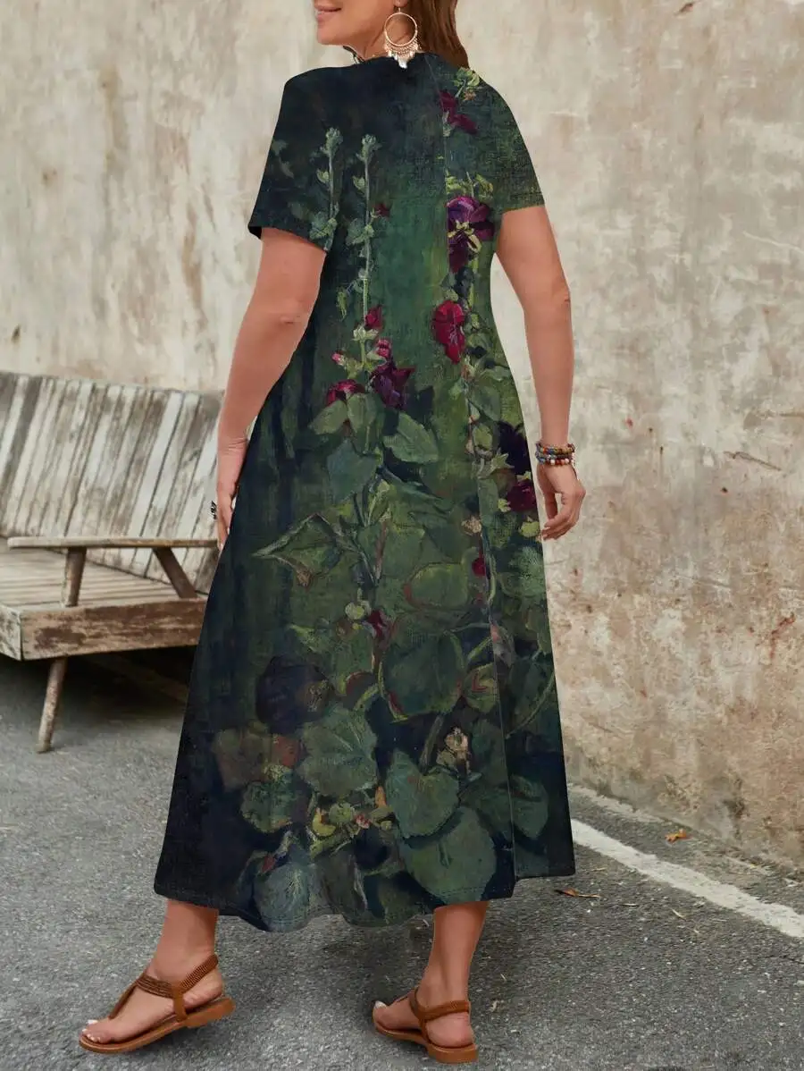 Vestido Largo Casual de Verano para Mujer, Talla Grande, Estampado Floral Vintage, Cuello en V, Manga Corta, Estilo Boho para la Playa