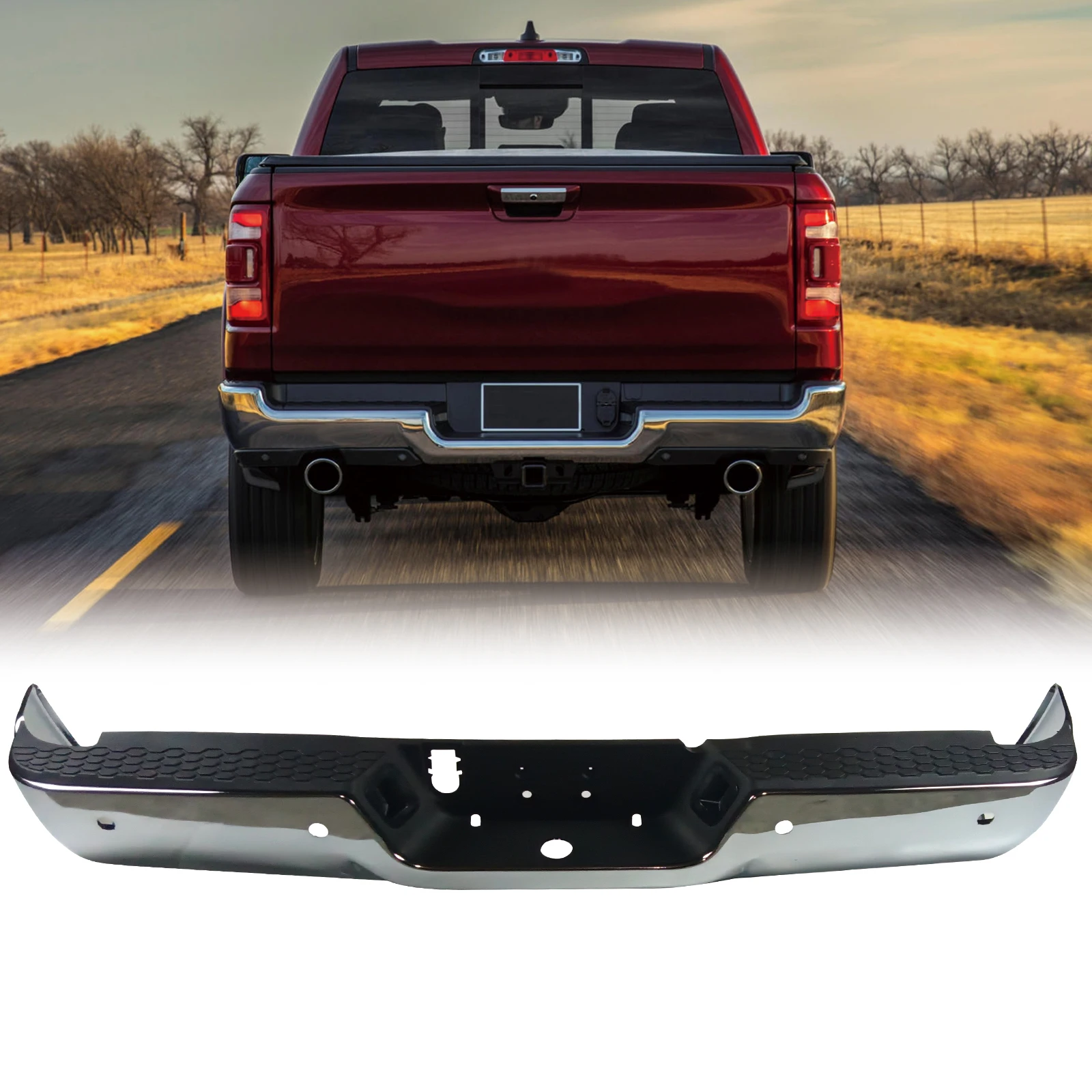 

Rear Step Bumper for 09-18 Dodge Ram 1500, W/ Parking Sensor Hole, W/O Vent Hole