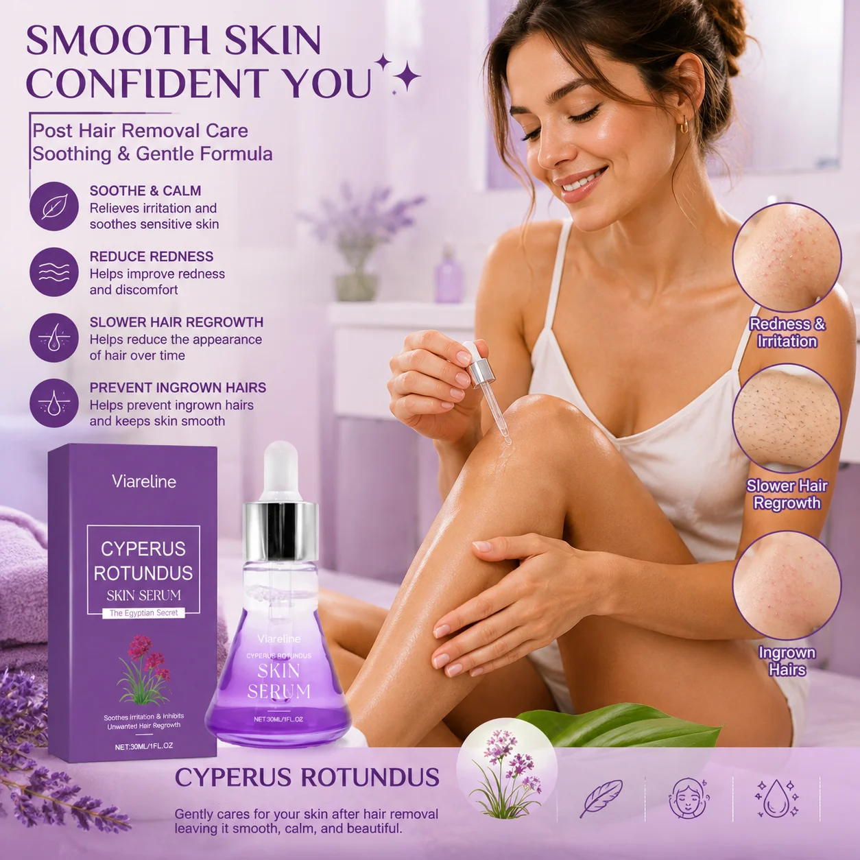 Viareline Cyperus Rotundus Serum Hair Removal Calming Skin Soothing Inhabit Hair Regrowth Pore Minimizer Hyaluronic Acid Serum