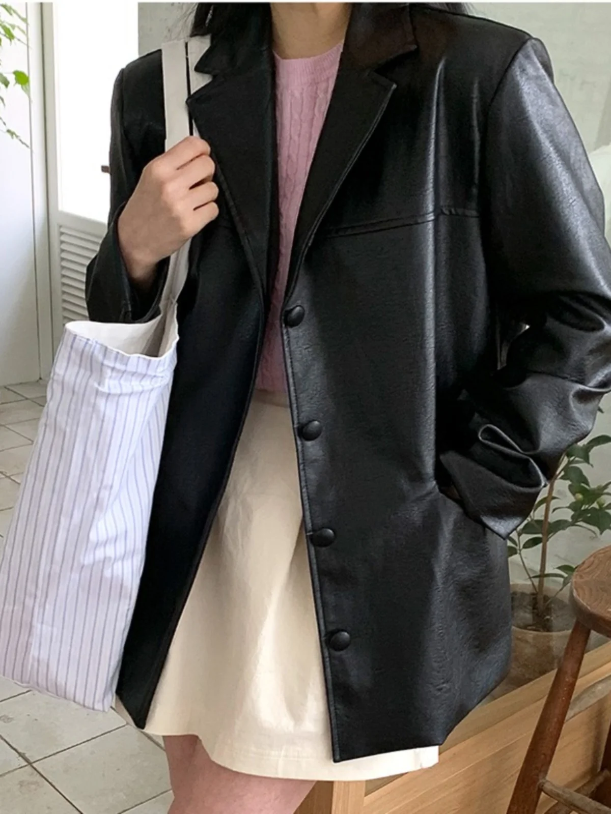 Bla Leather Jaet Women's Korean Sle Winter Faion Retro Suit Outerwear High-End Loose Versatile Top PU Material Long S...