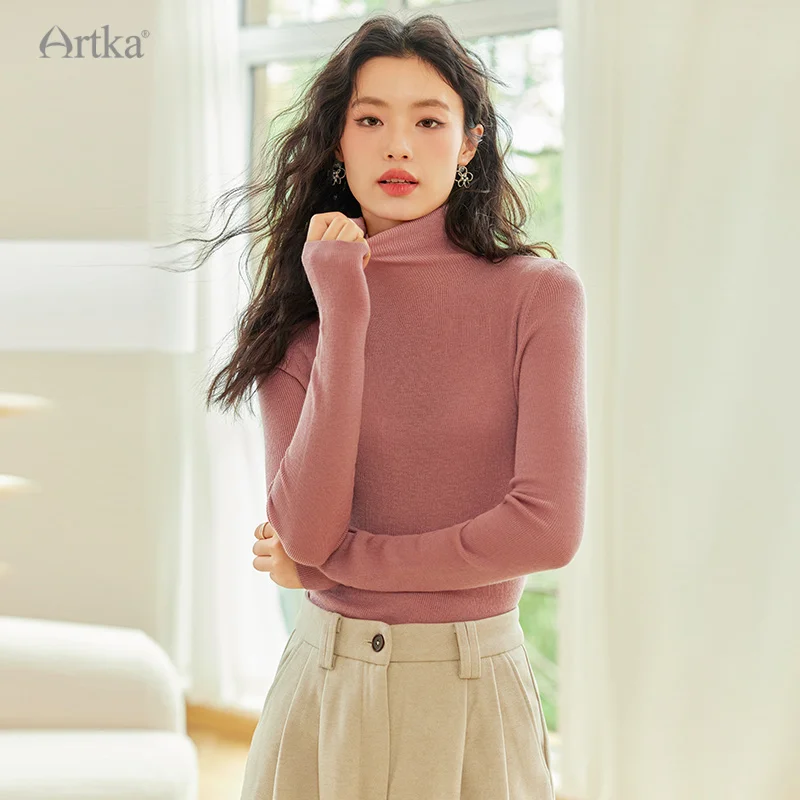 ARTKA 2023 Winter New Women Knitwear Multicolour Elegant Simple Slim Knitted Sweater Turtleneck Soft Wool Knitwear Top YB92335D