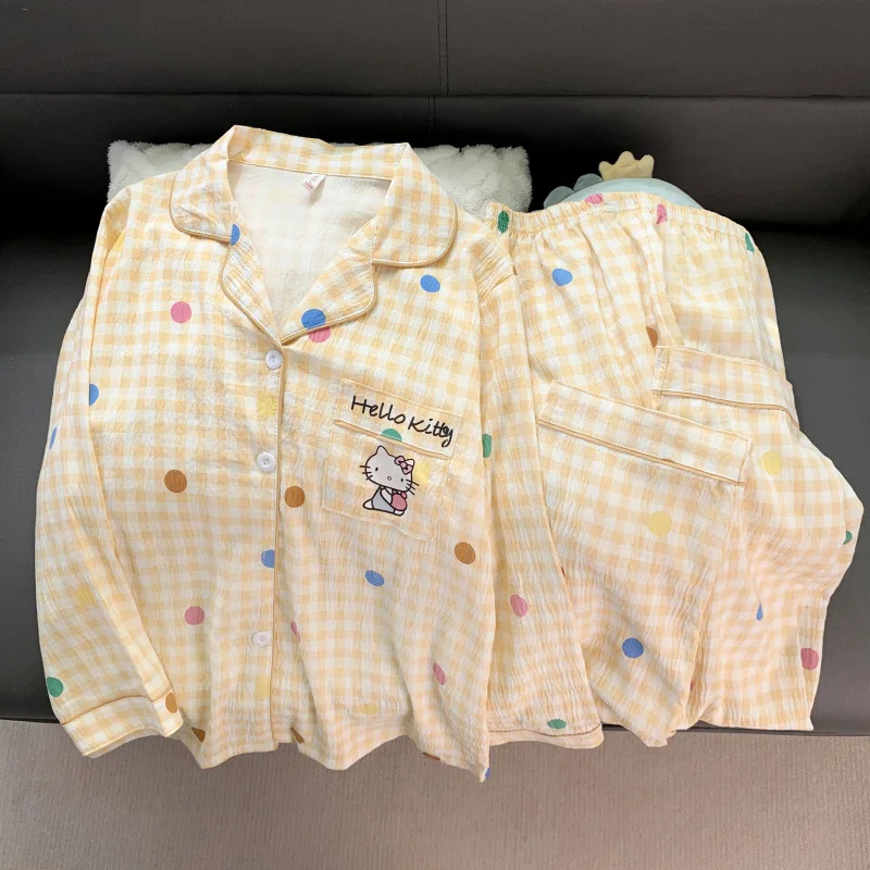 Cartoon Women Pajamas Set Anime Hello Kitty Long Sleeves Pants Kawaii Spring Autumn Nightgown Girls Student Home Clothing Set