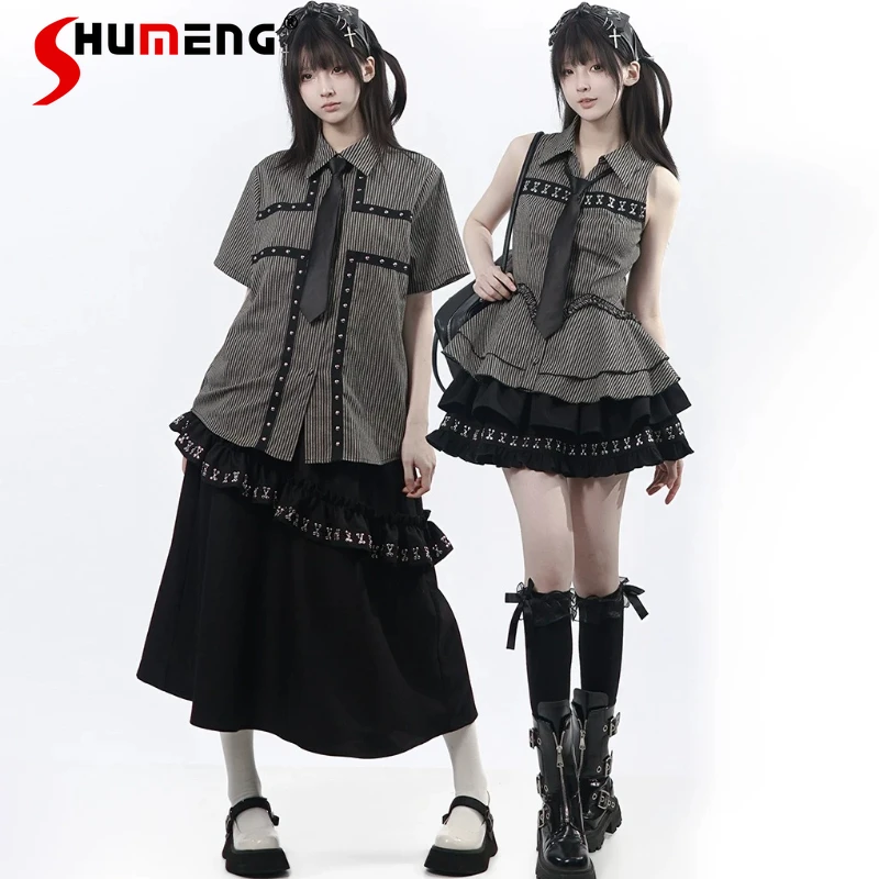 

Japanese Striped Gothic Shirt Rayon Cross Deco Asymmetrical Long Skirt Waist Fitted Top Retro Dark Women's Daily Commute Outfit