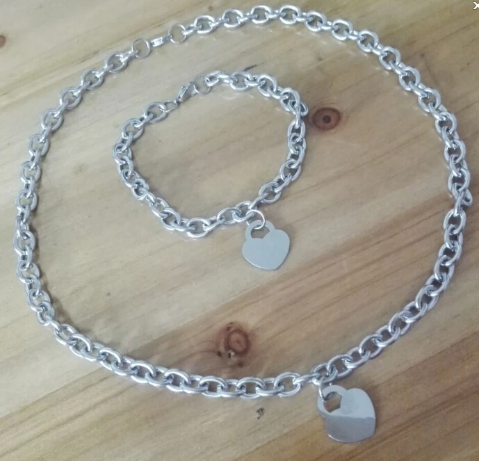 1set women\'s new stainless steel oval chain with heart charm necklace bracelet 19.6\'\' + 8\'\'