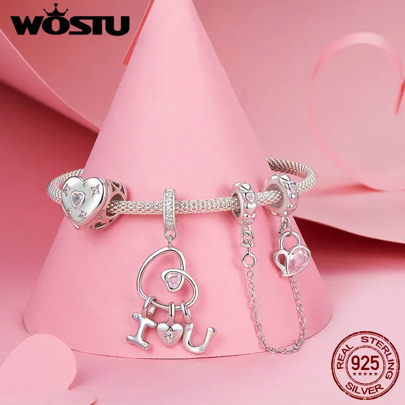 Wostu 925 prata esterlina rosa amor carta pingente propor coração caixa charme bloqueio corrente de segurança caber pulseira original presente dos namorados