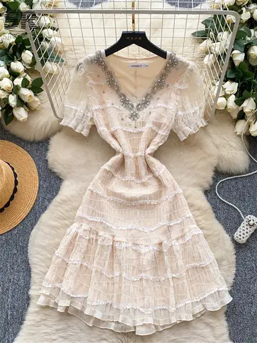 SINGREINY Beading Luxury Summer Dress Women Puff Sleeve Slim V Neck 2025 Female Temperament Ruffles Diamonds Midi Party Dresses