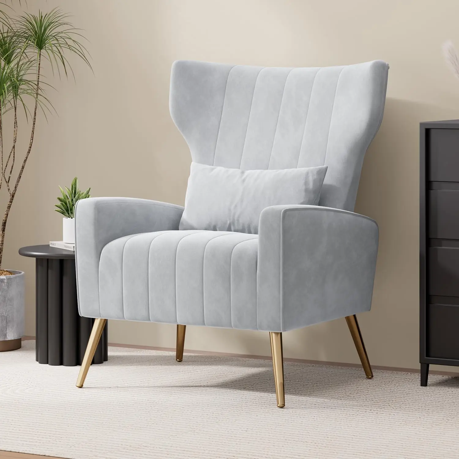 Velvet Wingback Accent Chair High Back Golden Legs Lumbar Pillow Upholstered Single Sofa Living Room Bedroom Grey, Customized