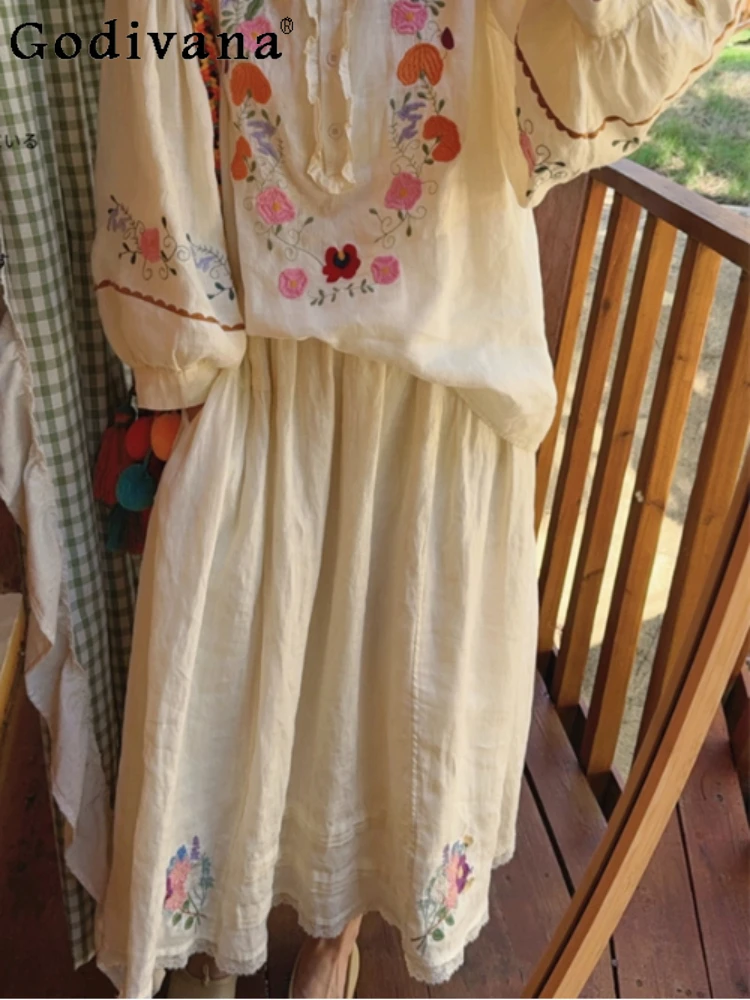 

Spring Summer Fashion Personality Ethnic Style Embroidered Cotton Linen Shirt Retro Embroidery High Waist A-line Loose Skirt