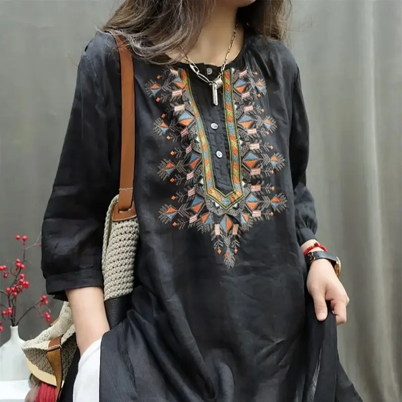 Chinesischen Stil Vintage Bestickt Hemd Frauen Sommer Neue Lose Split Weibliche Lange Tops Mode Dünne Frauen Bluse