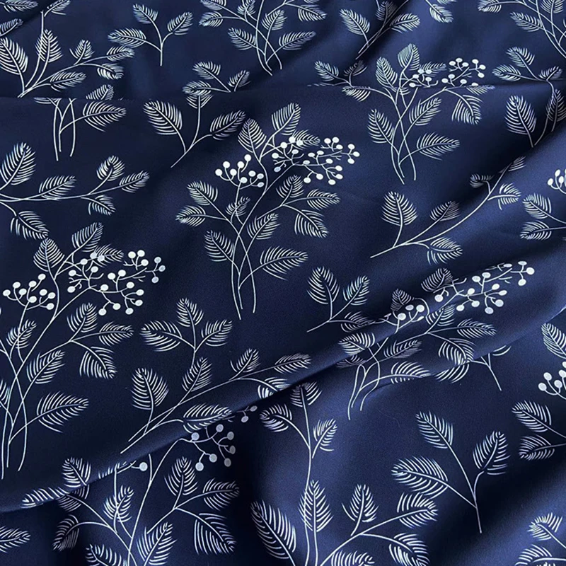114CM Wide 16MM Printed Thin Dark Blue Silk Crepe de Chine Fabric for Summer Dress Pants Silk Tissue for DIY Sewing C001-18