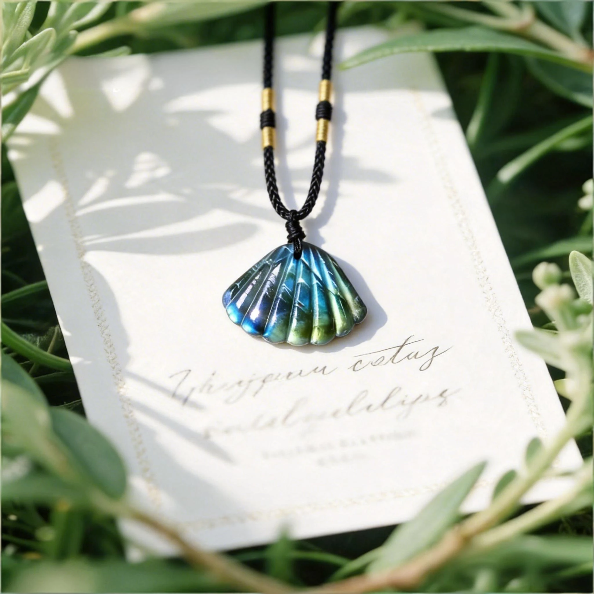 1pc Small Natural Labradorite Shell Pendant Necklace, Handmade Adjustable Woven Necklace, Featuring natural shimmering luster