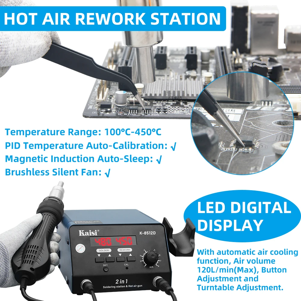 Kaisi 8512D Rework Soldering Station 750W 2 in 1 Hot Air Soldering Iron Station With T12 Iron Tip Display Welding Repair Tools