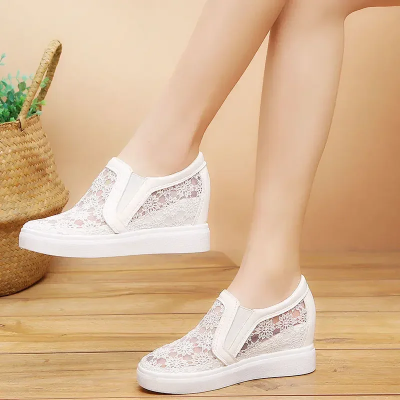 White Women\'s Shoes Mesh Loafers Flat Platforms Female Casual Wedges Ladies Height Increasing Footwear Sneakers Breathable Black