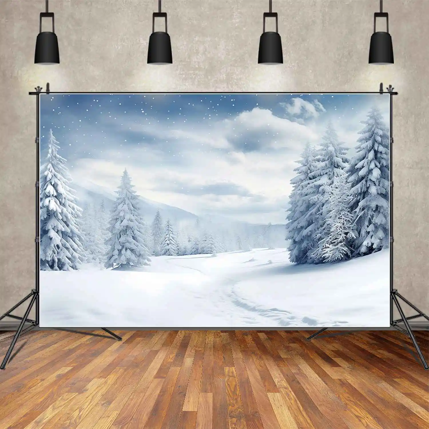 MOON.QG-Fundo Do Floco De Neve, Inverno Photo Booth, Árvores Da Floresta E Montanha, Campo De Neve, Pegada Da Estrada, Fundo Do Feriado, Bluey E Floco De Neve