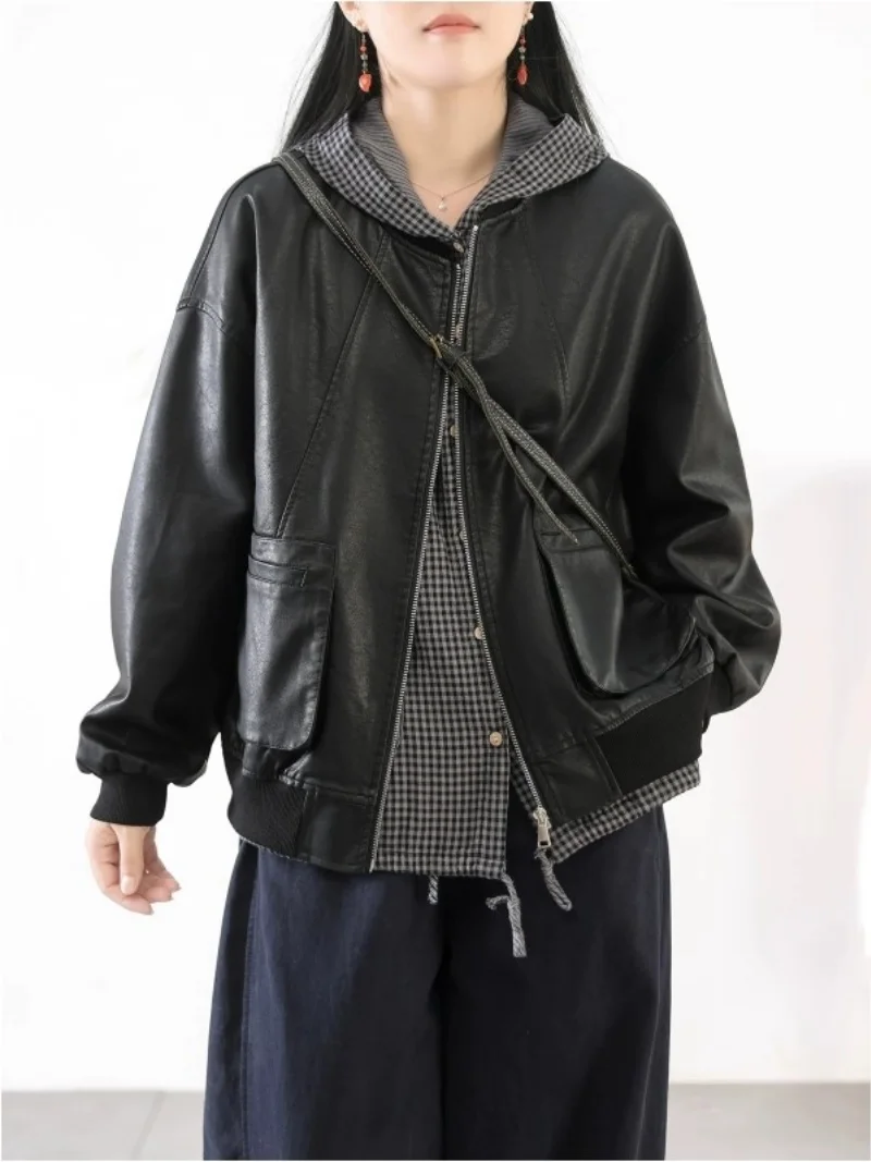 

Осенняя модная крутая куртка из искусственной кожи 2024, универсальная куртка в стиле ретро с бейсбольным воротником, однотонное дизайнерское пальто, топ для женщин w467