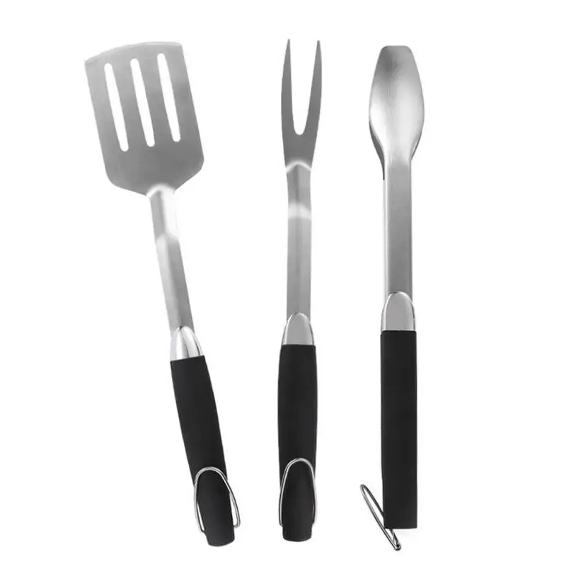 Outdoor Barbecue Accessories Kit 3pcs Stainless Steel Spatula Tongs Fork with Long Handle Vegetables Grilling Tools for travel