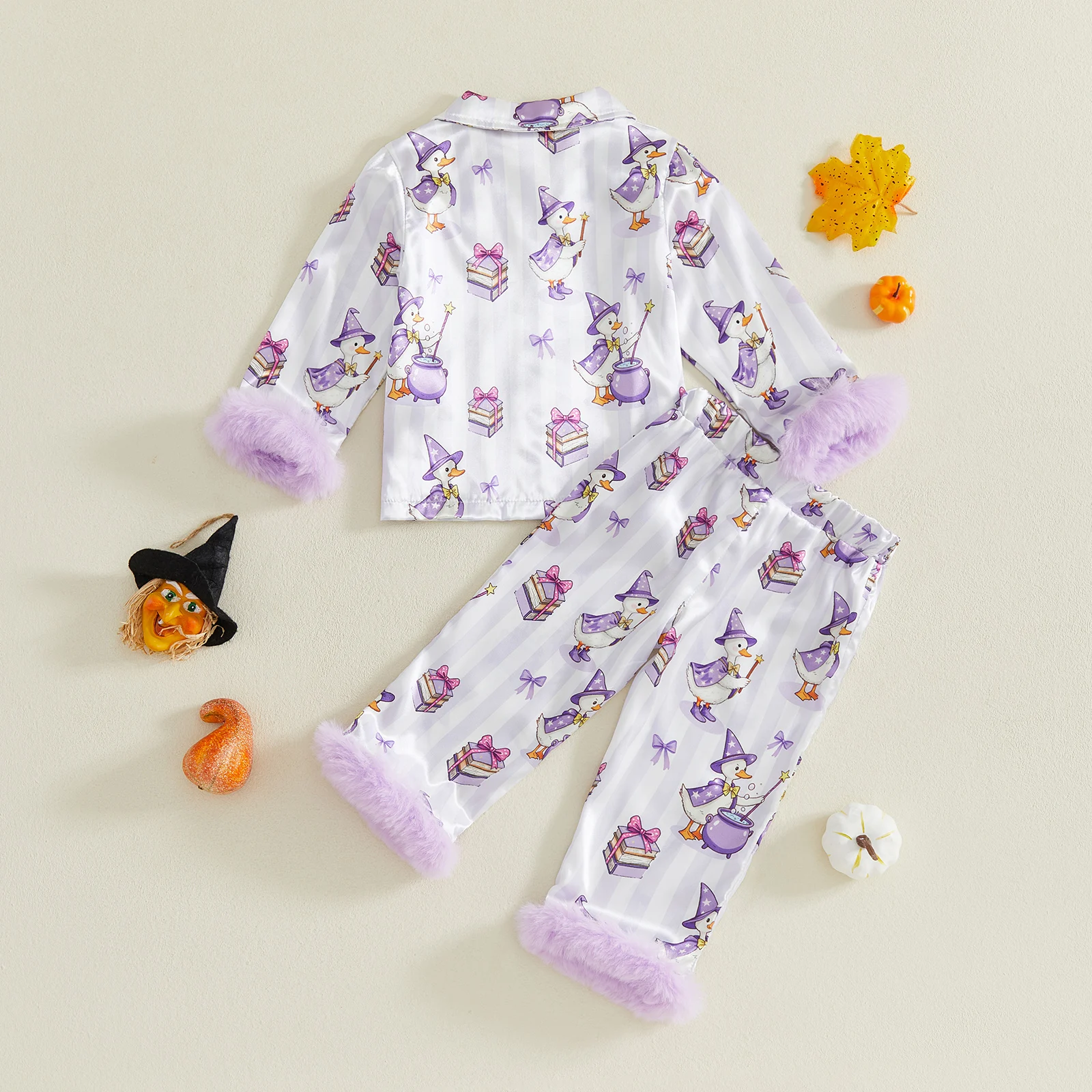 1-7Y Girl Kids Satin Halloween Pajamas Set Long Sleeve Goose Print Shirt Tops Pants 2 Pieces Sleepwear Homewear Set