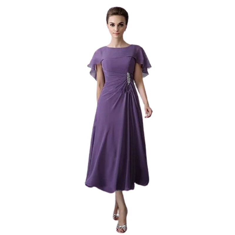 Customized Lavender A-Line Midi Dress Cape Ruffle Sleeve Flowing Chiffon Fabric Side Embellish Accent Mother of the Bride Dress