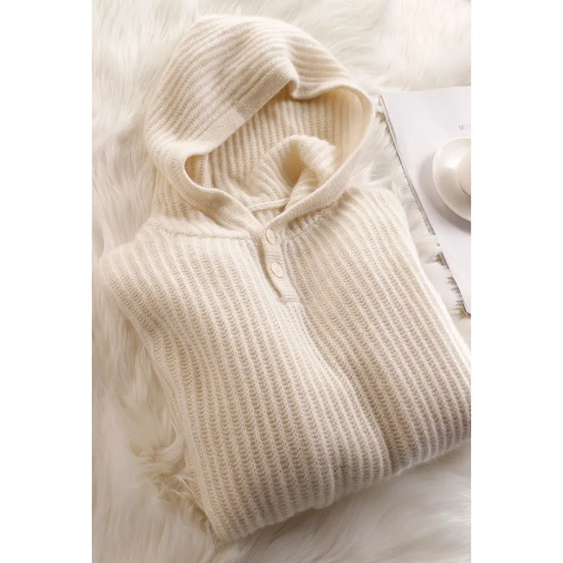 Hooded cashmere sweater women pullover loose jacket spring and autumn pure wool hoodie knitted casual base with hoodie