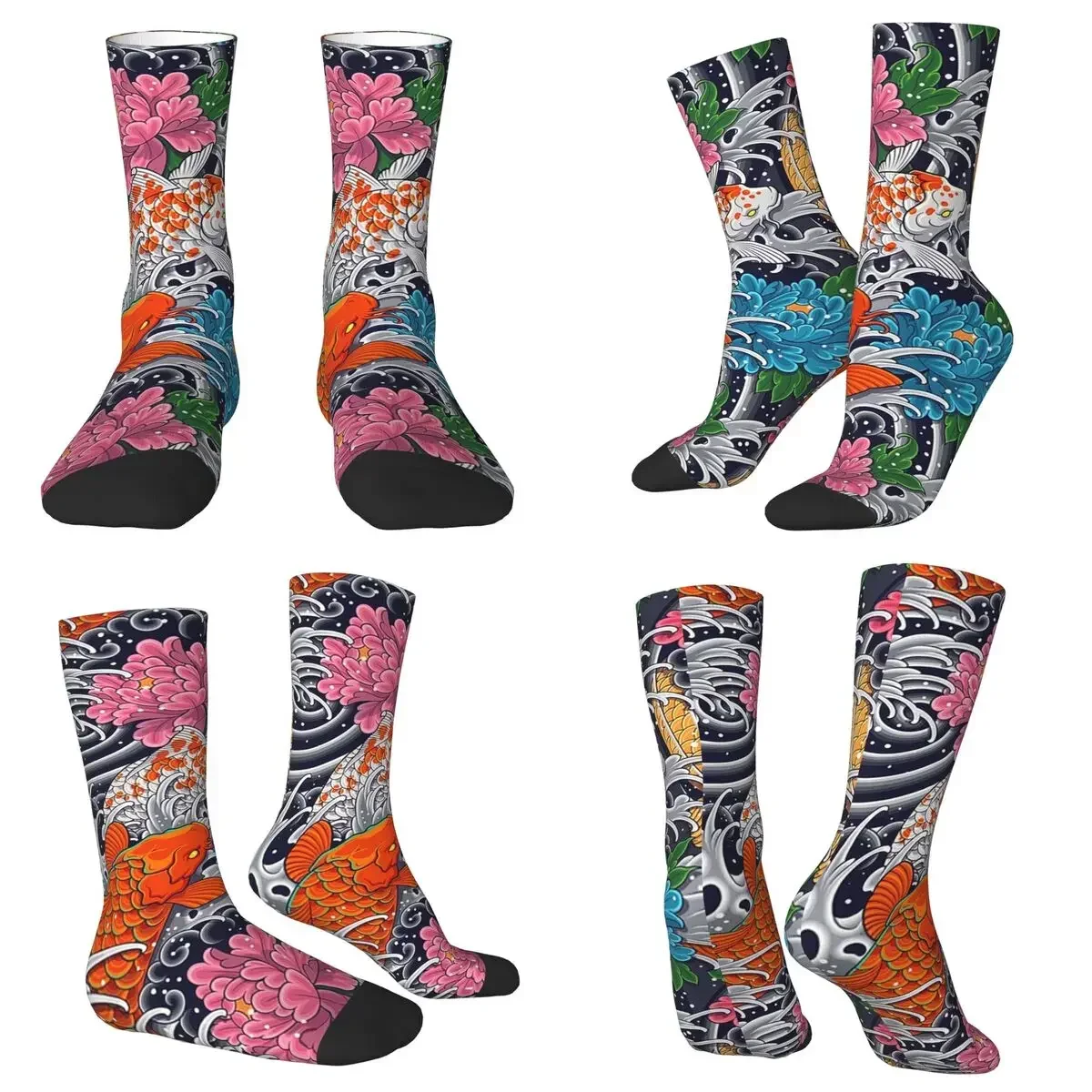 All Seasons Crew Stockings Koi Fish And Floral Pattern Socks Harajuku Long Socks for Men Women Valentine's Day Gifts