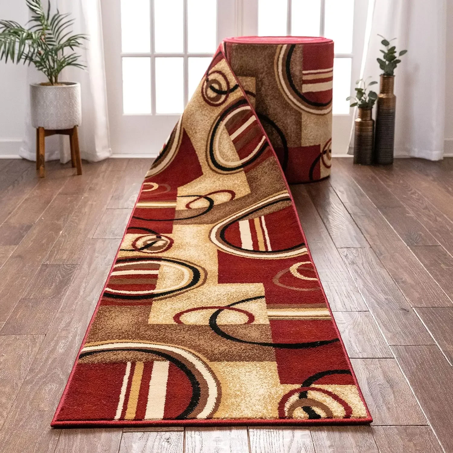 

Deco Rings Red Geometric Modern 27 Inch Wide x 20 Feet Long Hallway Stair Runner (27" x 20') Abstract Color Block Carpet