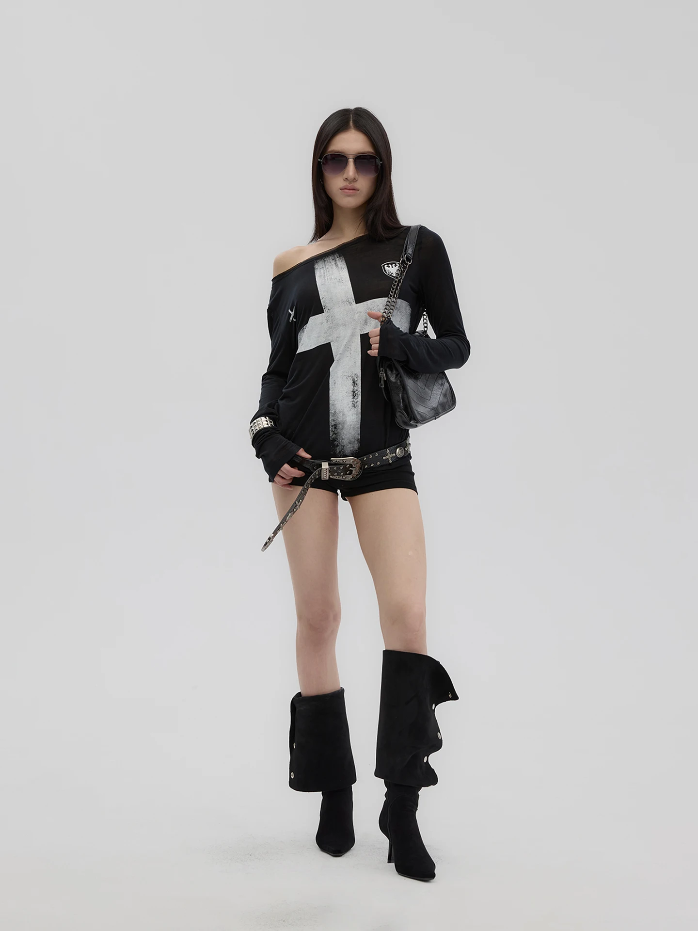 

Fanptntox Vintage Cross Printed Silk Lightweight Long Sve Loose oulder T-irt Women's Street Sle Creative Pattern