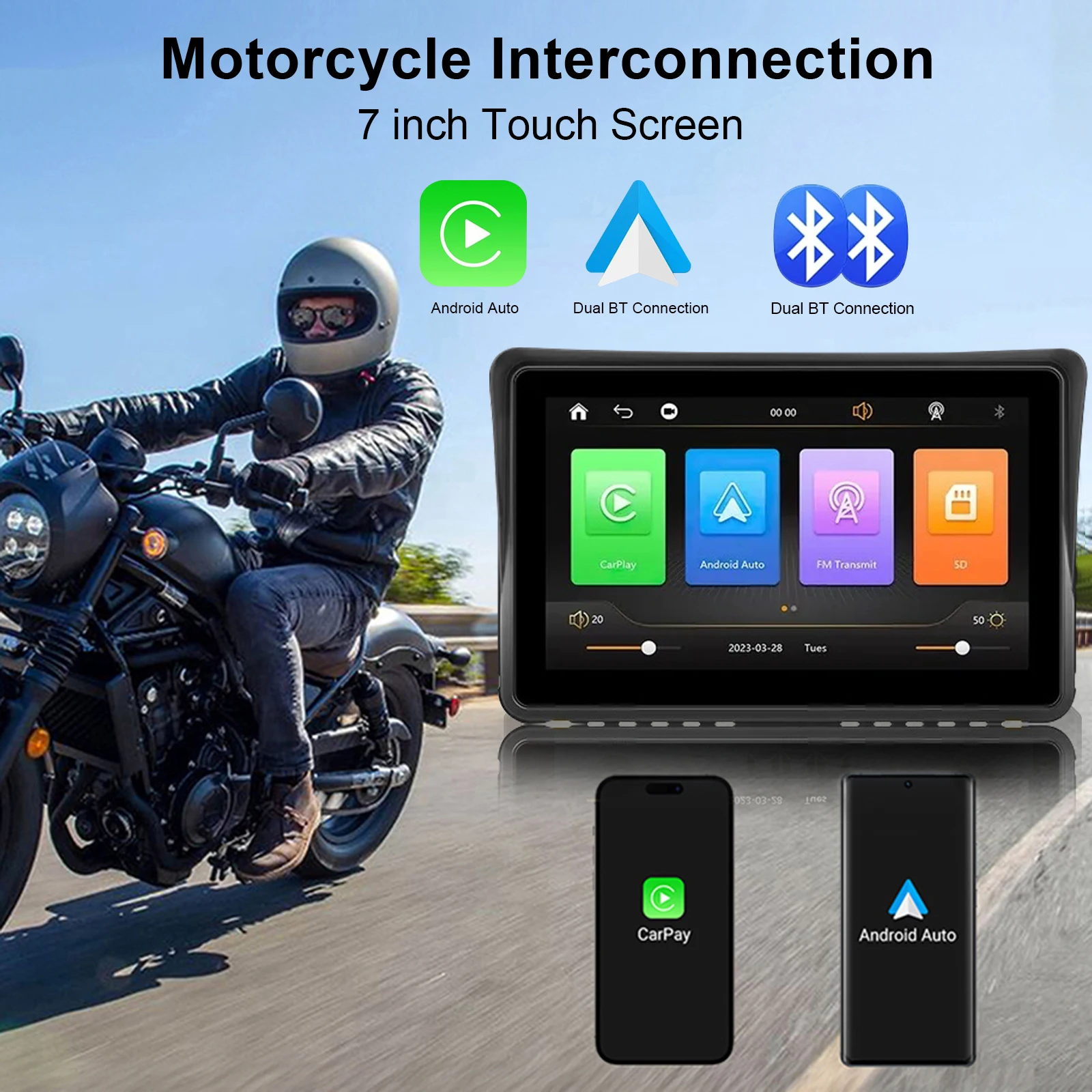 

7 Inch Motorcycle Wireless CarPlay Android Auto IPX7 Waterproof External Portable Motorcycle Screen Dual Bluetooth