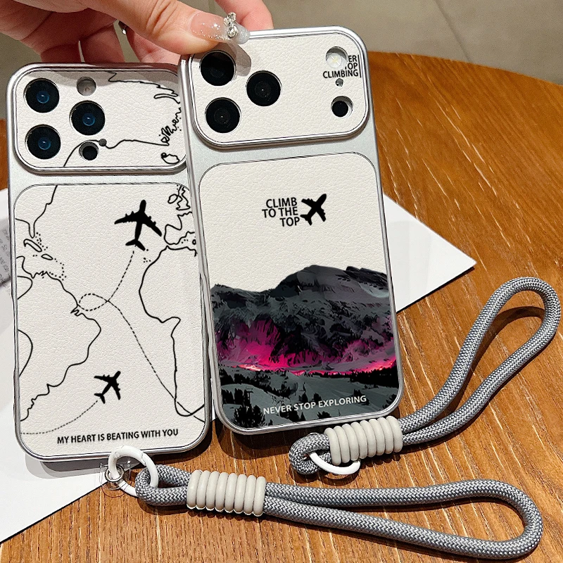 Matte Leather Texture Phone Case For iPhone 17 Pro 16 15 14 13 Pro Max Air Route Pattern Wrist Strap Lanyard Soft TPU Back Cover view 3