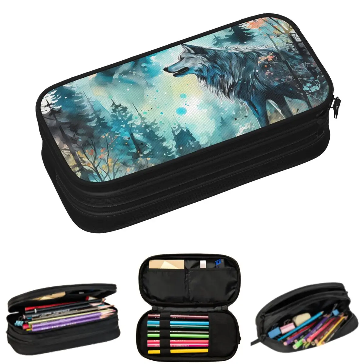 Wolf In The Wild Misty Watercolor Pencil Cases for Student School Pen Box Pencil Bag Large Capacity Pencil Pouch