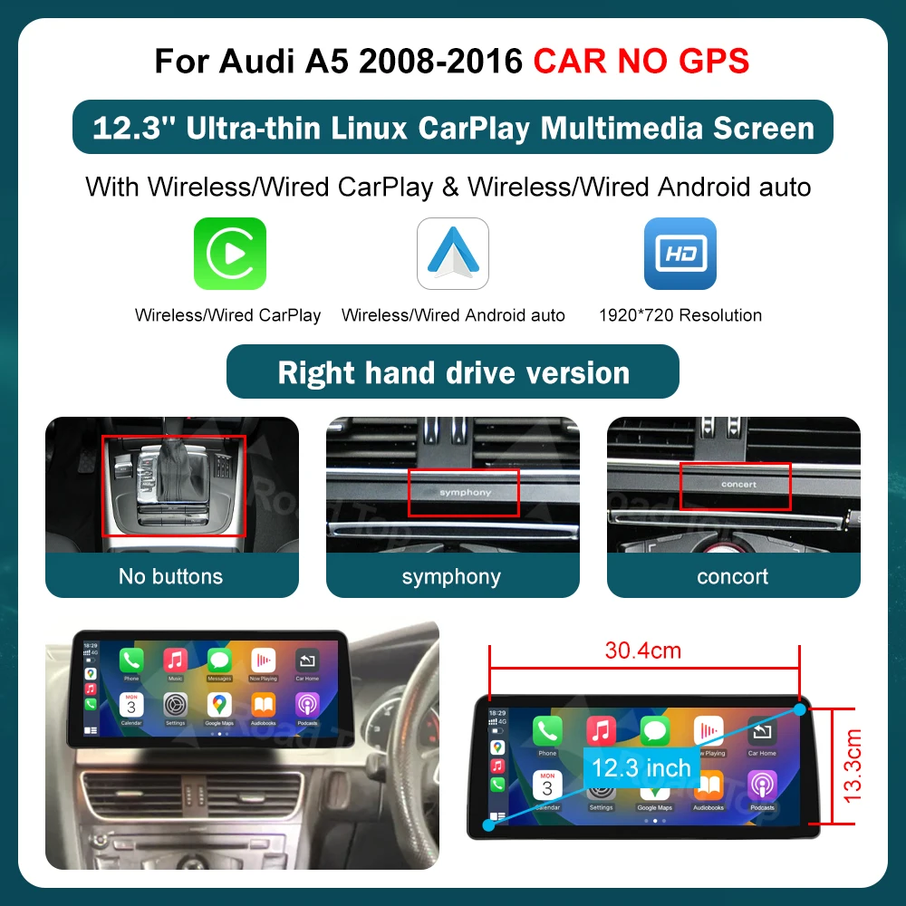 12.3 inch Draadloze CarPlay Multimedia Scherm Android Auto Voor Audi A5 2008-2016 Airplay Autolink