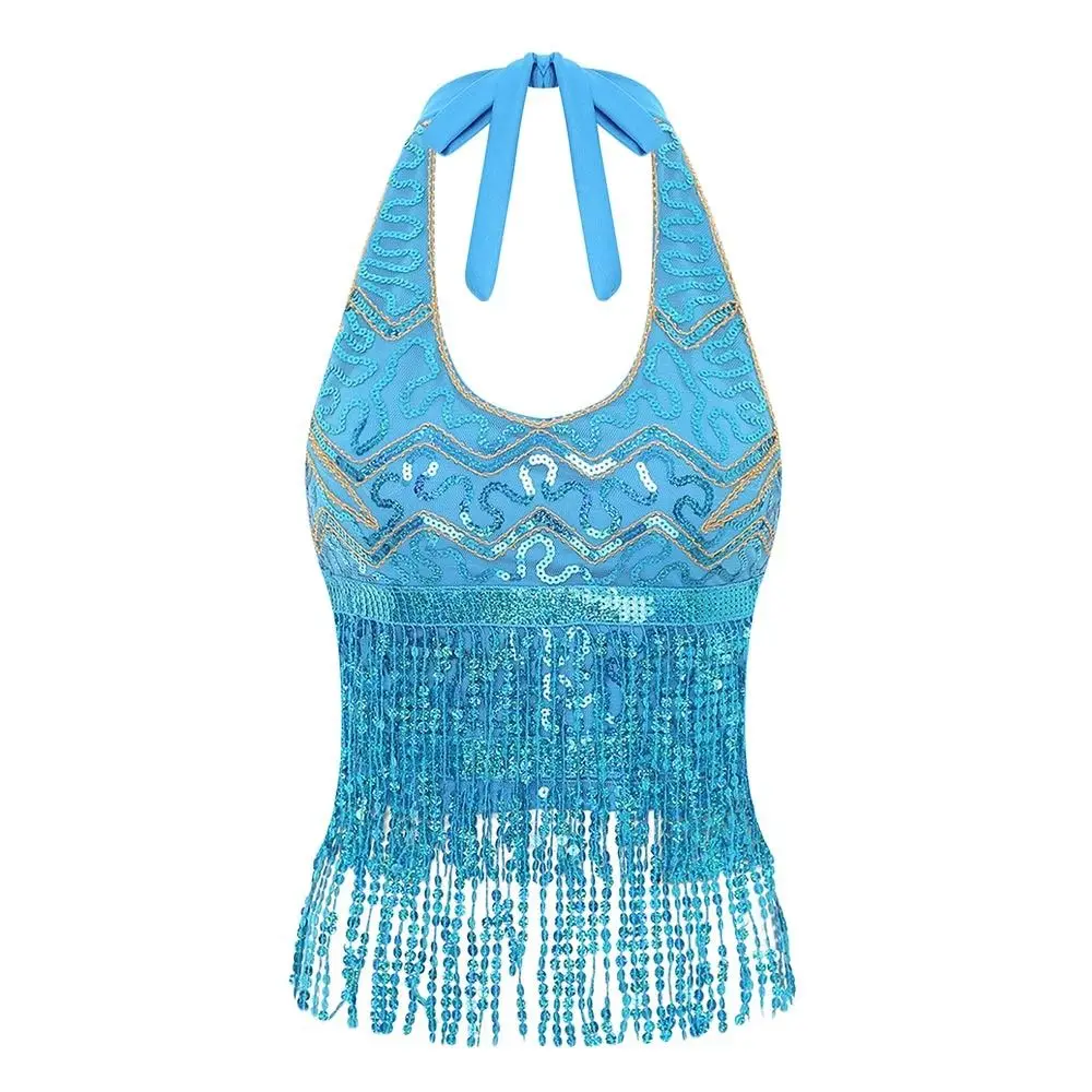 Charming Shiny Belly Dance Bra Tassel Halter Neck Stage Performance Top Sleeveless Dance Wear Latin Dance Top Stage